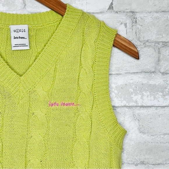 iets frans Cable Knit Sweater Vest size Small Y2K fitted Chartreuse Green - Picture 2 of 8